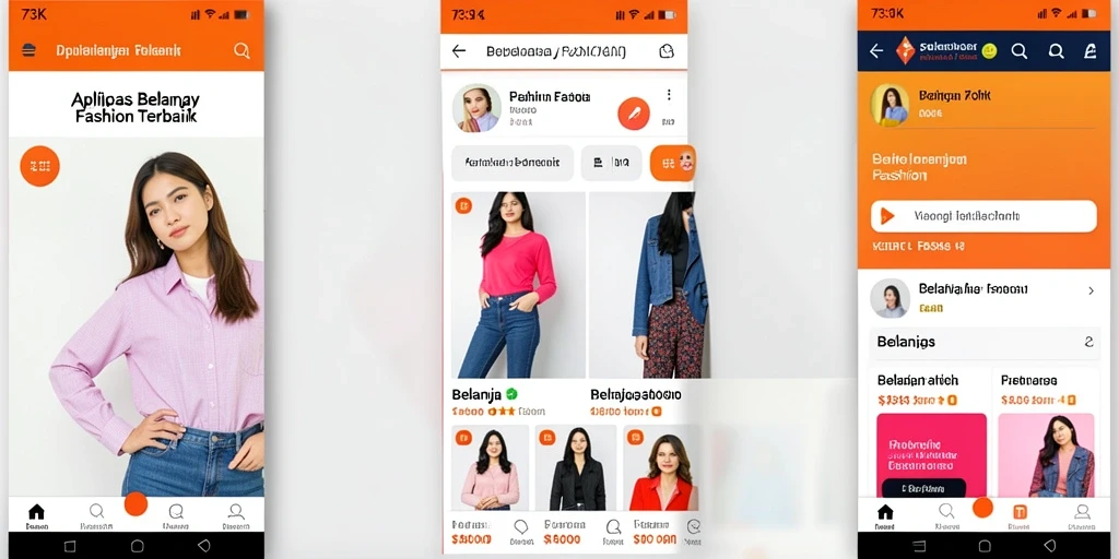 Screenshot utama 73K menampilkan antarmuka belanja yang menarik dengan berbagai pilihan fashion.