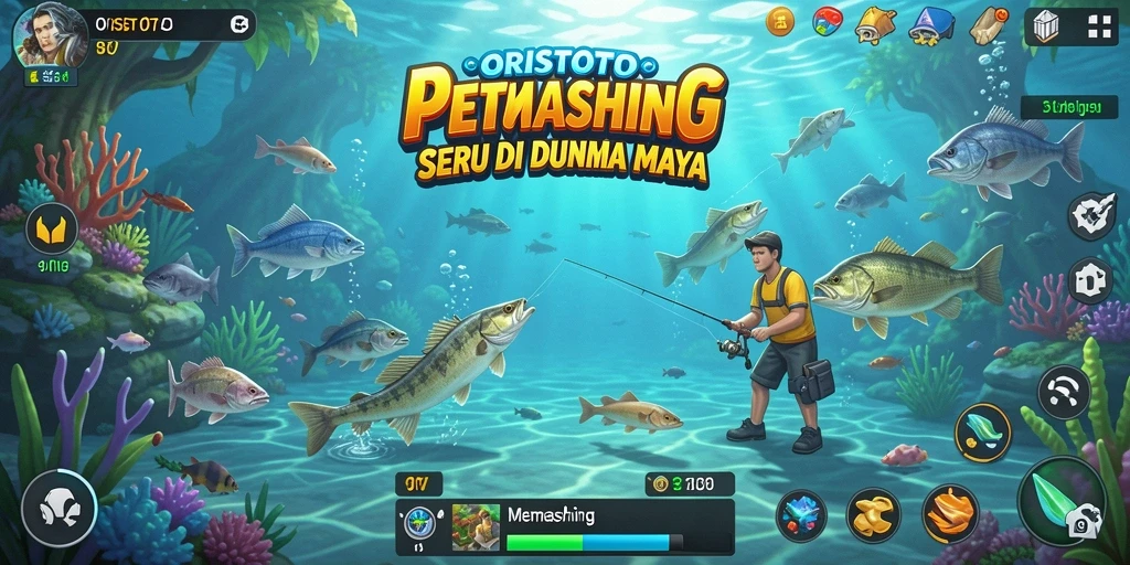 Tampilan antarmuka permainan ORISTOTO saat memancing di danau.